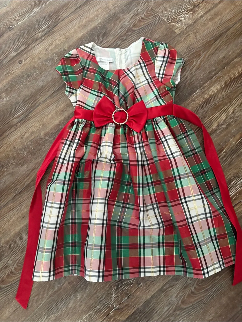 bonnie jean holiday dresses red Green Plaid Dress with Red Bow Party dress for